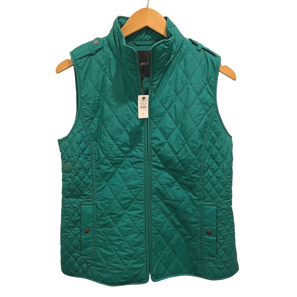 Talbots Quilted Vest Kelly Green Stand Collar Zip Front Pockets Women's Size S